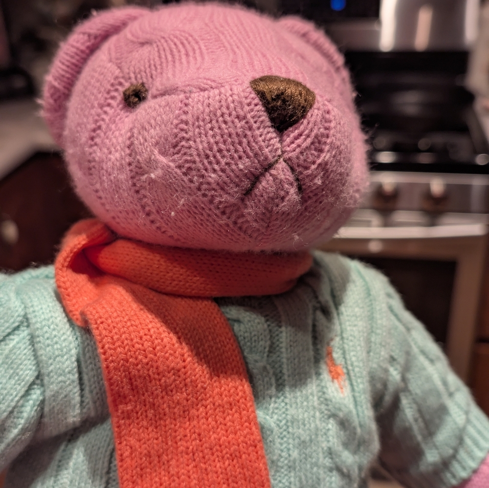 VTG 2004 Ralph Lauren Pink Cable Knit Polo Bear Teal Sweater - Picture 3 of 9